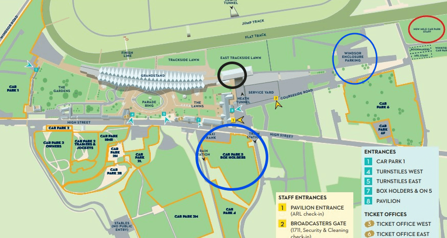 Map showing the accessible parking areas at Ascot Racecourse