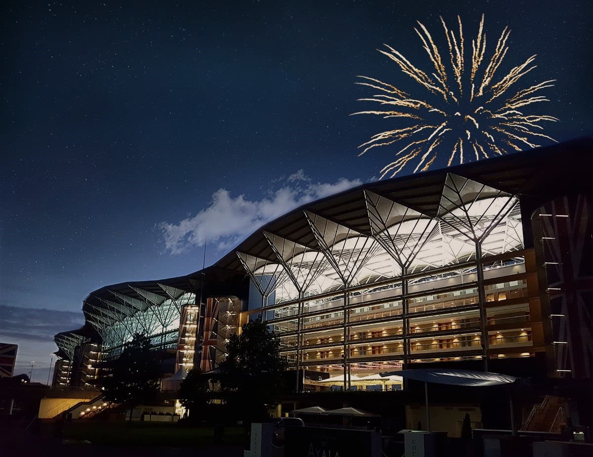Fireworks over the Ascot Racecourse Grandstand at night