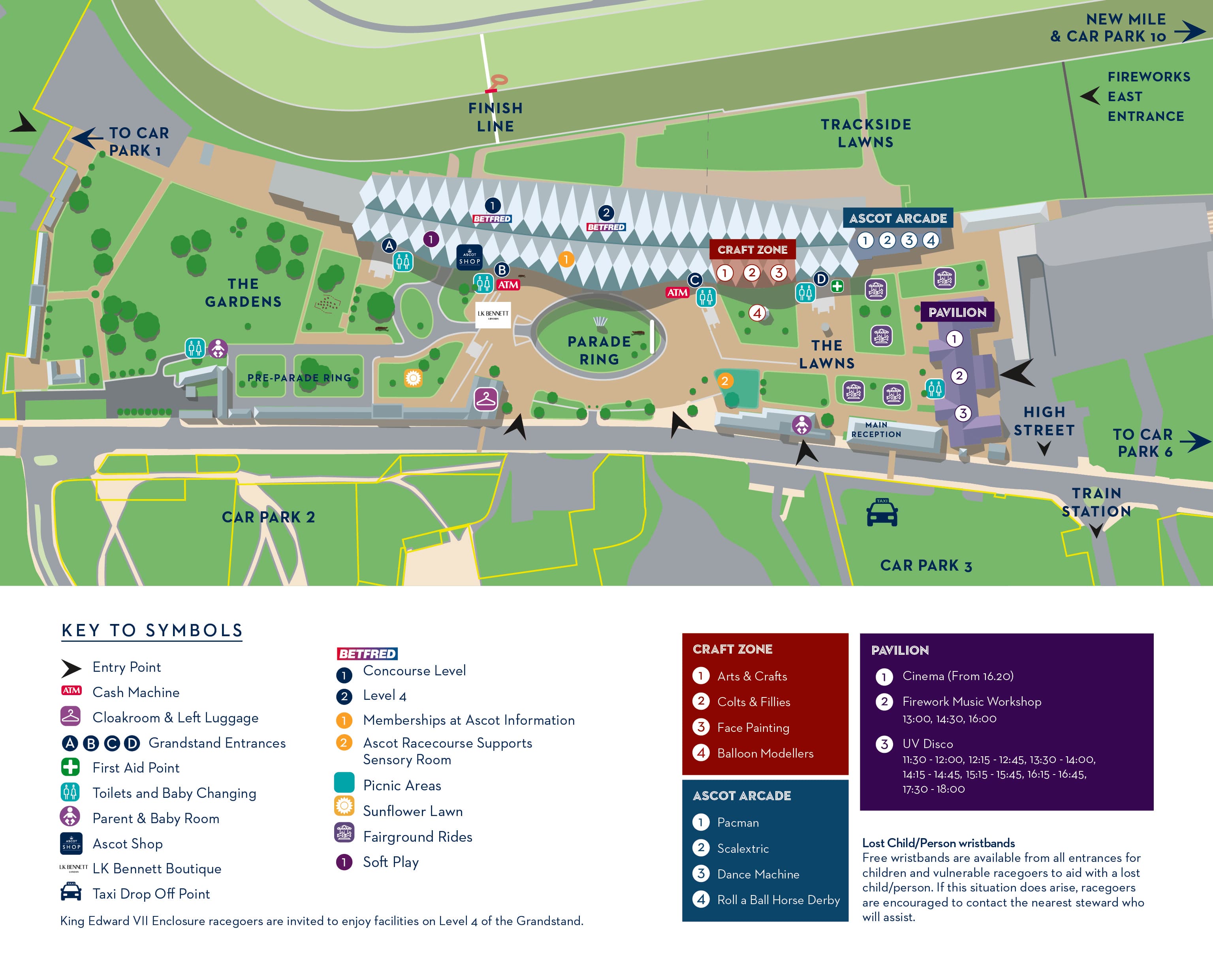 Plan of Ascot Racecourse showing the car parks and the fireworks entrances